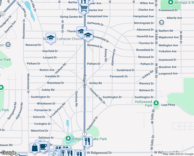 map of restaurants, bars, coffee shops, grocery stores, and more near 6911 Farnsworth Drive in Parma