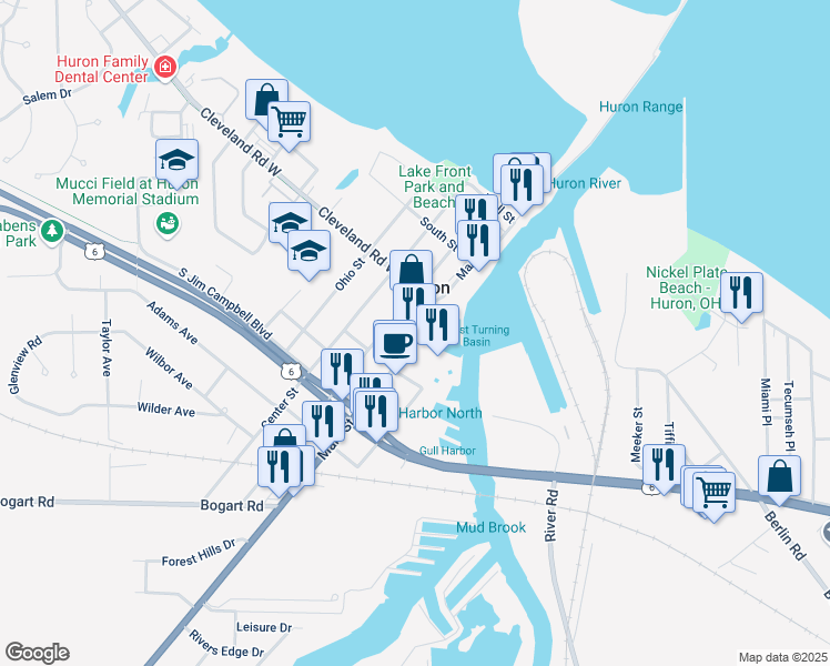 map of restaurants, bars, coffee shops, grocery stores, and more near 342 Main Street in Huron