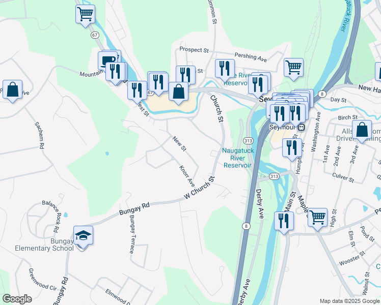 map of restaurants, bars, coffee shops, grocery stores, and more near 83 New Street in Seymour