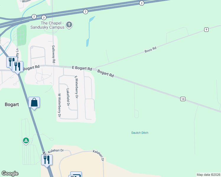 map of restaurants, bars, coffee shops, grocery stores, and more near 4110 East Bogart Road in Huron