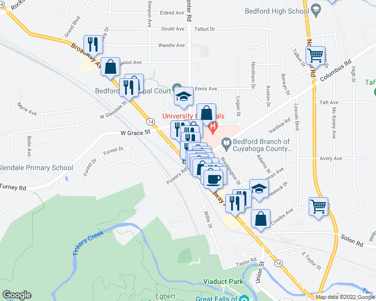 map of restaurants, bars, coffee shops, grocery stores, and more near 35 Center Road in Bedford