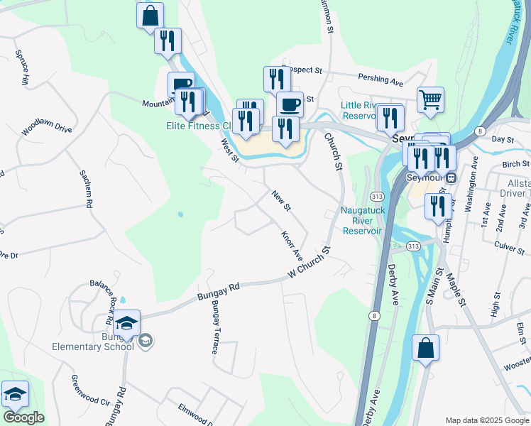 map of restaurants, bars, coffee shops, grocery stores, and more near 38 Knorr Avenue in Seymour