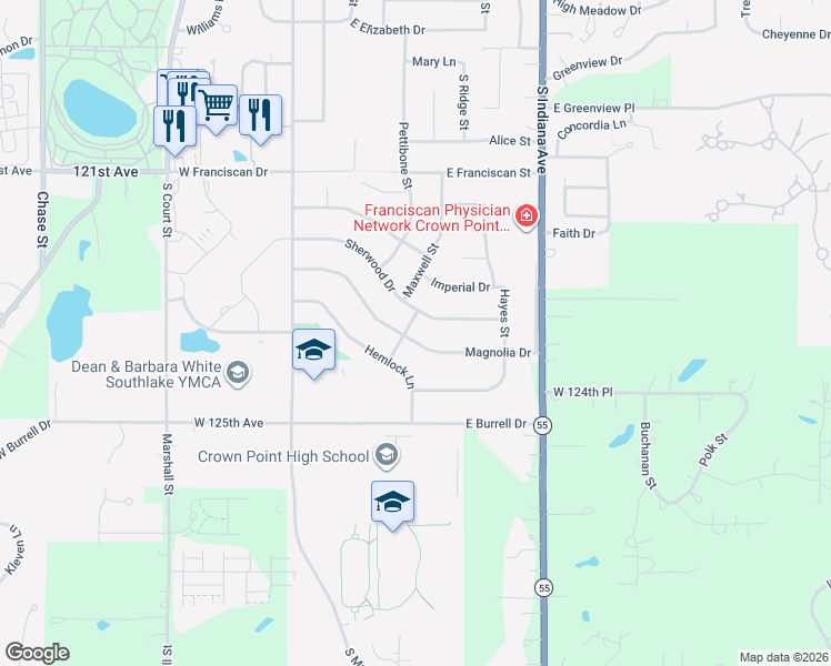 map of restaurants, bars, coffee shops, grocery stores, and more near 1351 Cleveland St in Crown Point