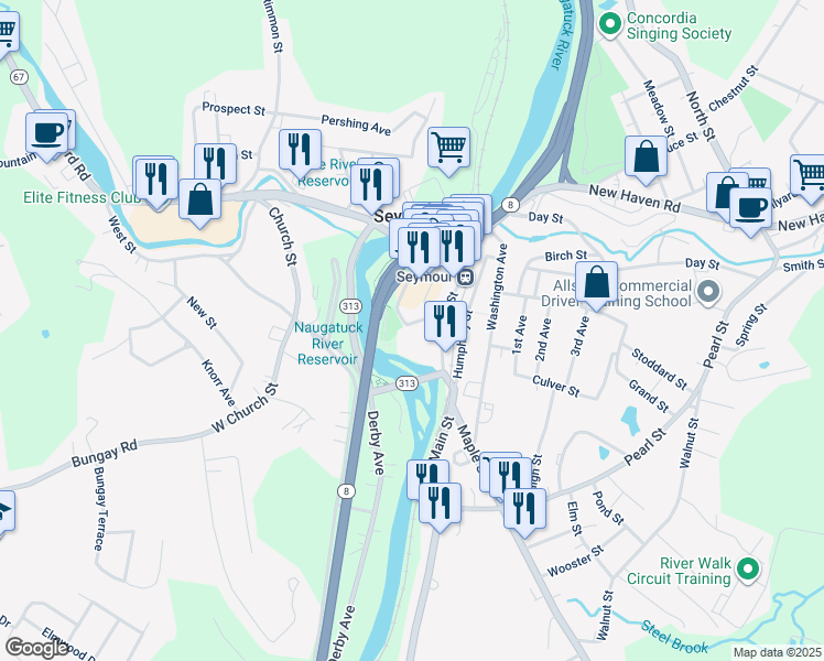 map of restaurants, bars, coffee shops, grocery stores, and more near 25 Deforest Street in Seymour