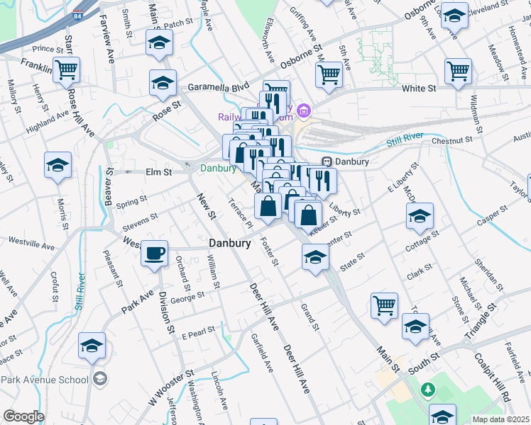 map of restaurants, bars, coffee shops, grocery stores, and more near 198 Main Street in Danbury