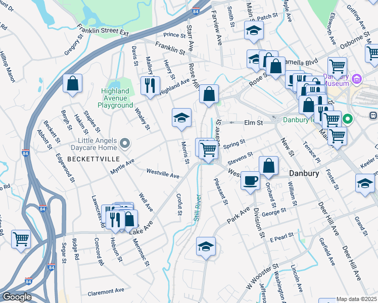 map of restaurants, bars, coffee shops, grocery stores, and more near 10 Benedict Avenue in Danbury