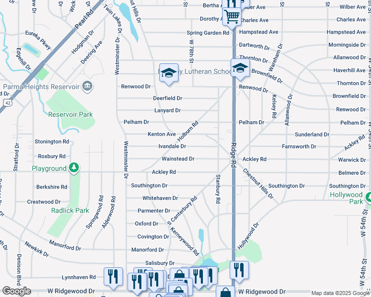 map of restaurants, bars, coffee shops, grocery stores, and more near 7910 Ivandale Drive in Parma