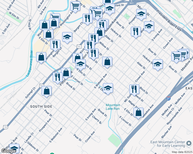 map of restaurants, bars, coffee shops, grocery stores, and more near 636 Maple Street in Scranton