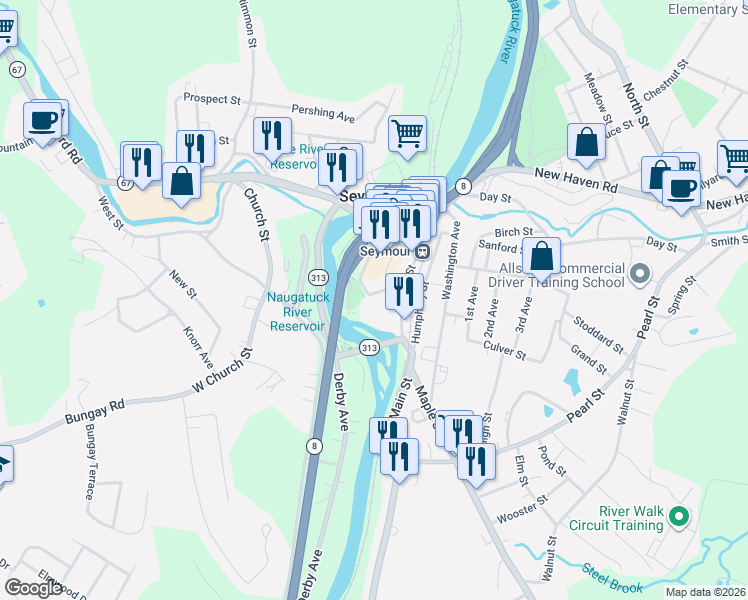 map of restaurants, bars, coffee shops, grocery stores, and more near 25 Deforest Street in Seymour