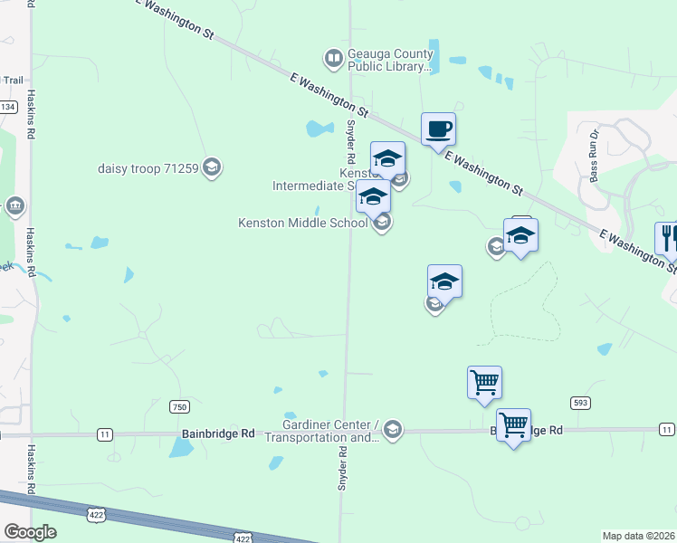 map of restaurants, bars, coffee shops, grocery stores, and more near 17476 Snyder Road in Chagrin Falls