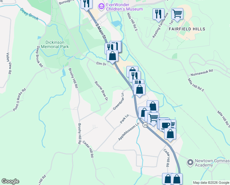 map of restaurants, bars, coffee shops, grocery stores, and more near 3 Southbrook Lane in Newtown
