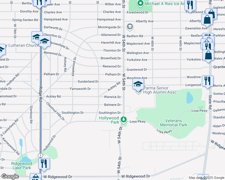 map of restaurants, bars, coffee shops, grocery stores, and more near 5611 Ackley Road in Cleveland