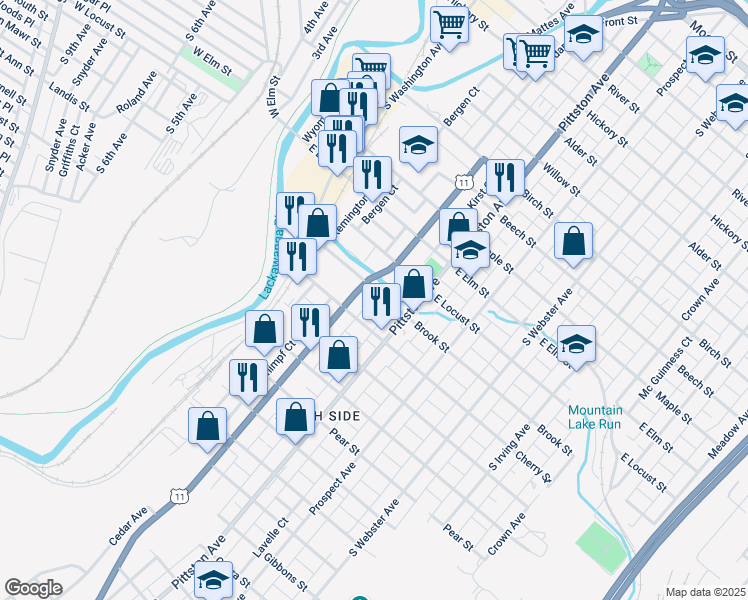 map of restaurants, bars, coffee shops, grocery stores, and more near 416 Brook Street in Scranton
