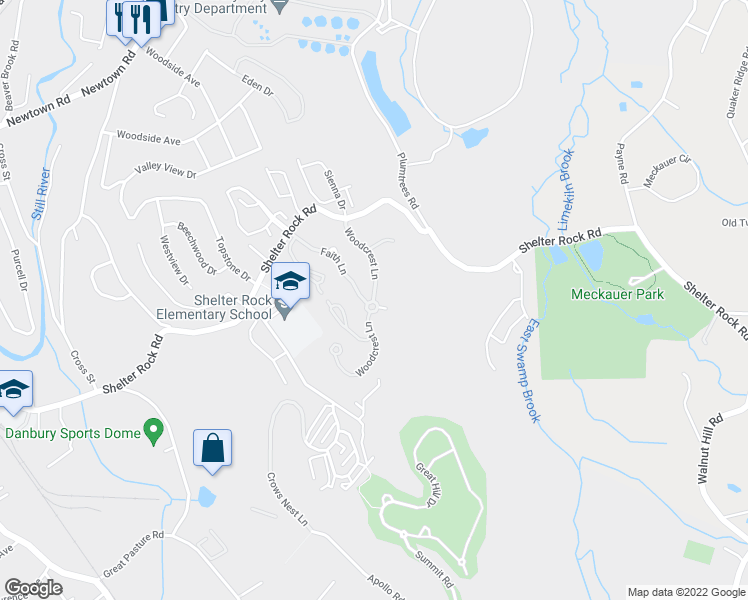 map of restaurants, bars, coffee shops, grocery stores, and more near 49 Woodcrest Lane in Danbury