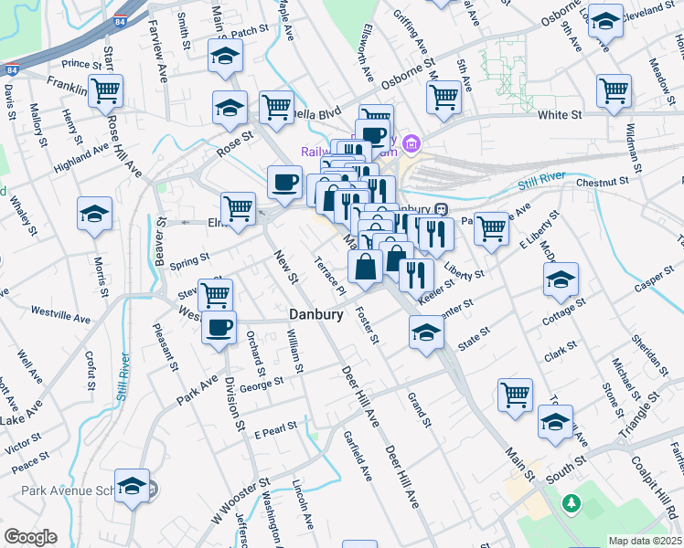 map of restaurants, bars, coffee shops, grocery stores, and more near 10 Chapel Place in Danbury