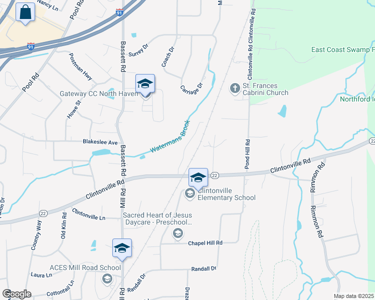 map of restaurants, bars, coffee shops, grocery stores, and more near 46 Fieldstone Court in North Haven