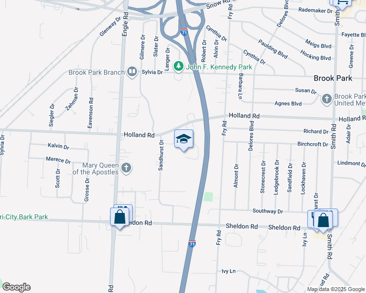 map of restaurants, bars, coffee shops, grocery stores, and more near 17001 Holland Road in Brook Park