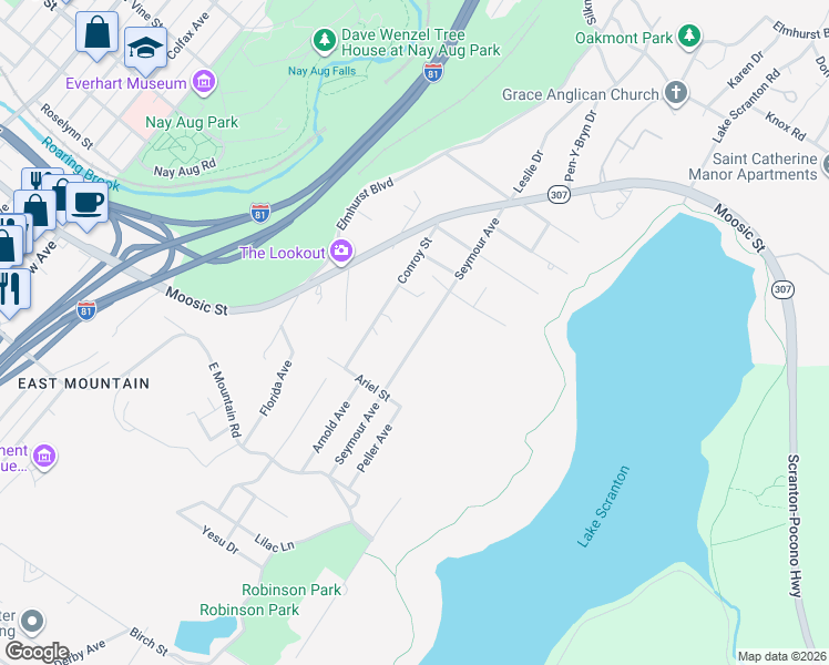 map of restaurants, bars, coffee shops, grocery stores, and more near 303 Seymour Avenue in Scranton