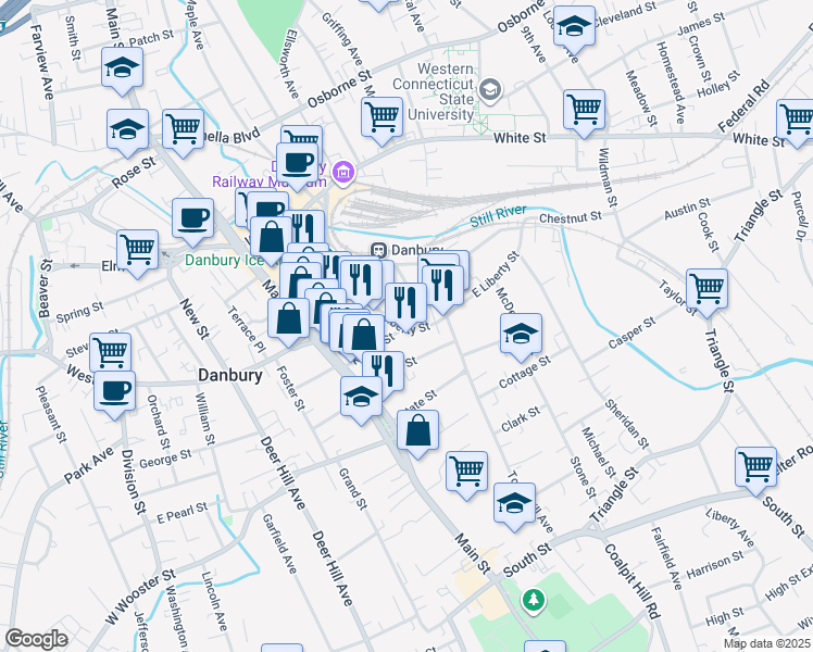 map of restaurants, bars, coffee shops, grocery stores, and more near 69 Liberty Street in Danbury