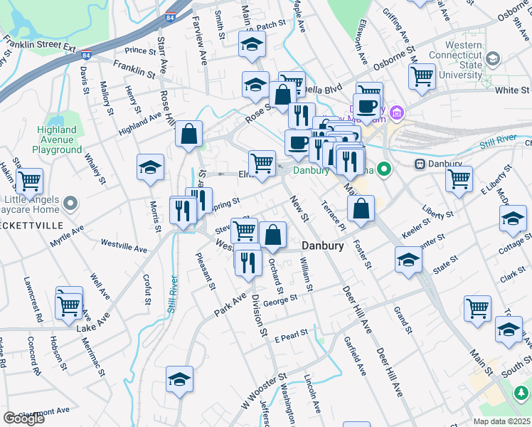 map of restaurants, bars, coffee shops, grocery stores, and more near 19 Harmony Street in Danbury