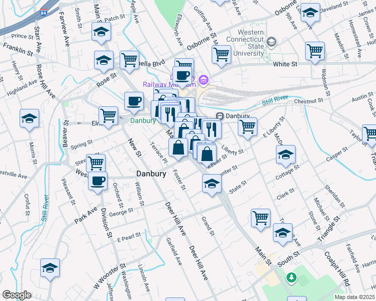 map of restaurants, bars, coffee shops, grocery stores, and more near 198 Main Street in Danbury