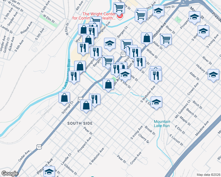 map of restaurants, bars, coffee shops, grocery stores, and more near 500 East Locust Street in Scranton