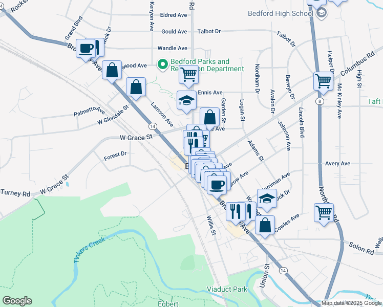 map of restaurants, bars, coffee shops, grocery stores, and more near 46 Center Road in Bedford