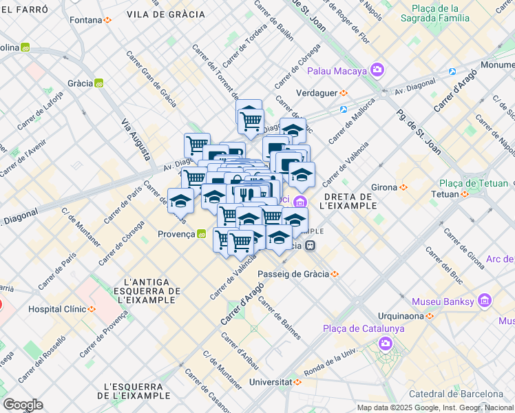 map of restaurants, bars, coffee shops, grocery stores, and more near 77 Passeig de Gràcia in Barcelona