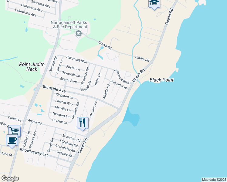 map of restaurants, bars, coffee shops, grocery stores, and more near 14 Milkay Way in Narragansett