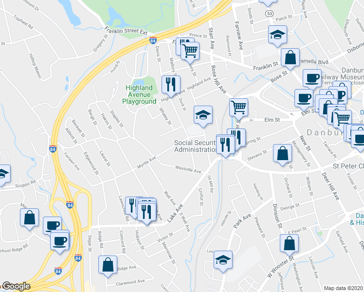 map of restaurants, bars, coffee shops, grocery stores, and more near 2 Myrtle Avenue in Danbury