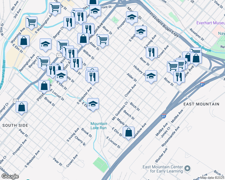 map of restaurants, bars, coffee shops, grocery stores, and more near 801 South Irving Avenue in Scranton