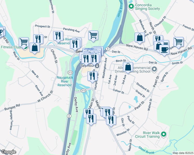 map of restaurants, bars, coffee shops, grocery stores, and more near 56 Humphrey Street in Seymour