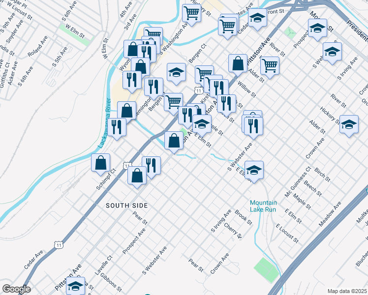 map of restaurants, bars, coffee shops, grocery stores, and more near 500 East Locust Street in Scranton
