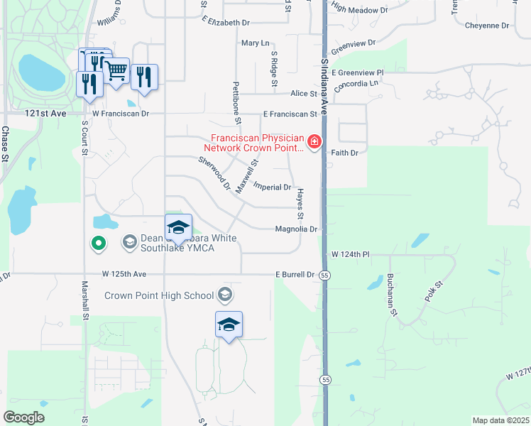map of restaurants, bars, coffee shops, grocery stores, and more near 545 Sherwood Drive in Crown Point