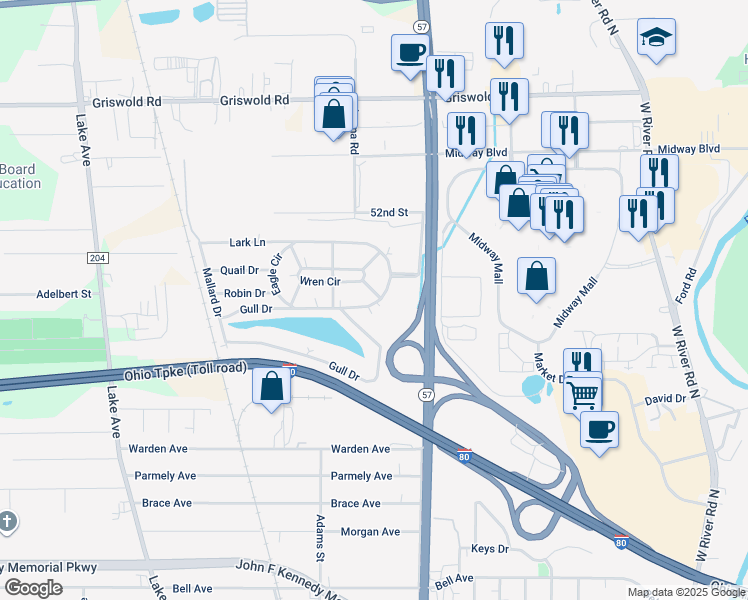 map of restaurants, bars, coffee shops, grocery stores, and more near 530 Eagle Circle in Elyria