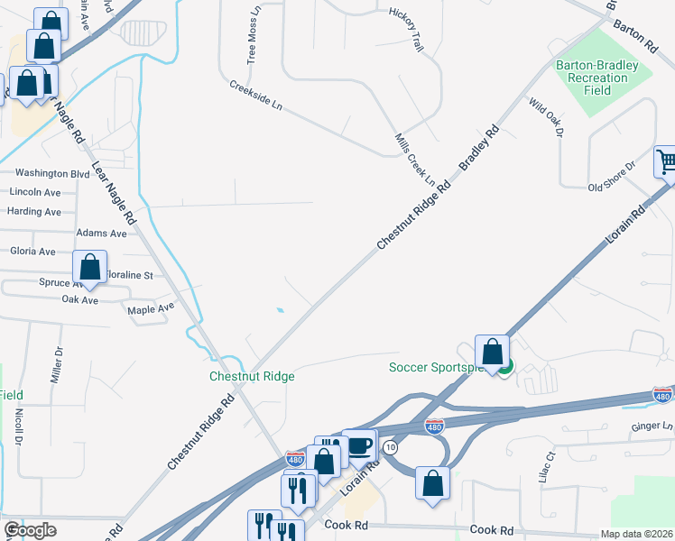 map of restaurants, bars, coffee shops, grocery stores, and more near 32154 Chestnut Ridge Rd in North Ridgeville