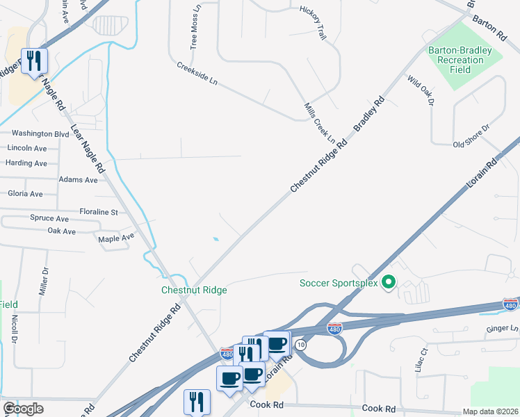 map of restaurants, bars, coffee shops, grocery stores, and more near 32154 Chestnut Ridge Road in North Ridgeville