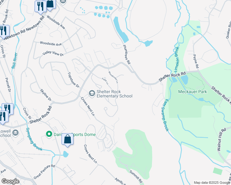 map of restaurants, bars, coffee shops, grocery stores, and more near 67 Woodcrest Lane in Danbury