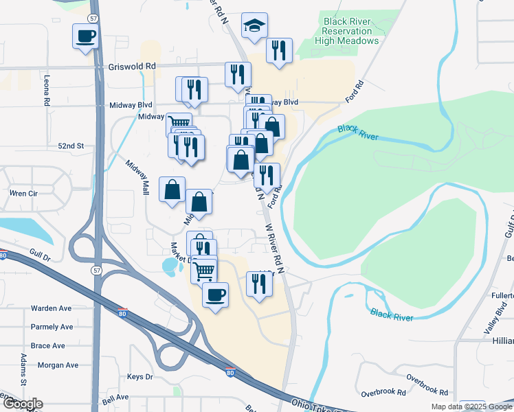 map of restaurants, bars, coffee shops, grocery stores, and more near 1500 West River Road North in Elyria