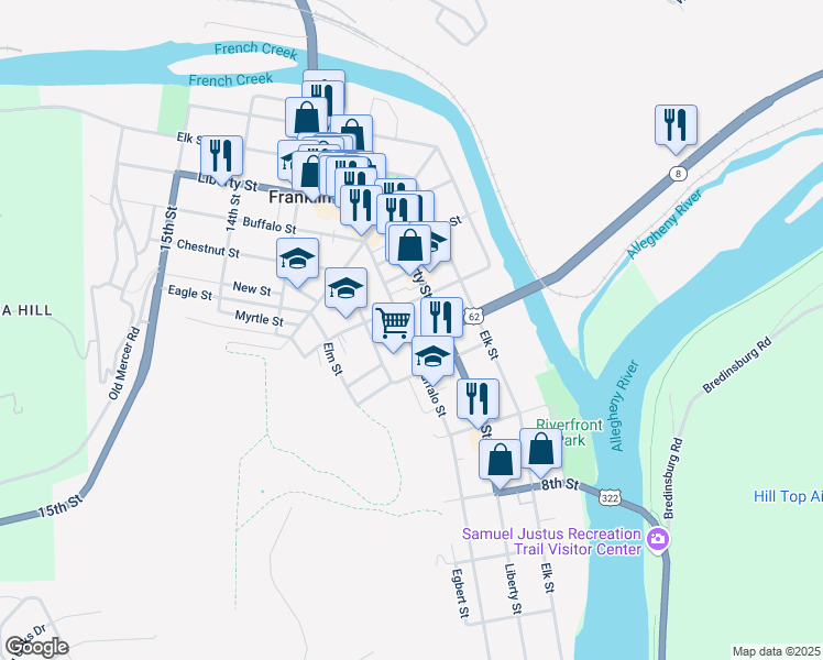 map of restaurants, bars, coffee shops, grocery stores, and more near 1034 Buffalo Street in Franklin