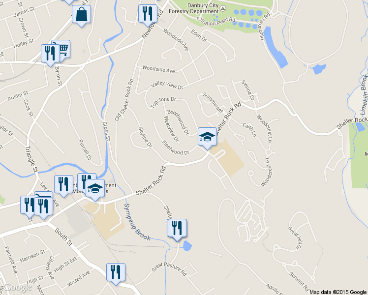 map of restaurants, bars, coffee shops, grocery stores, and more near 33 Westview Drive in Danbury