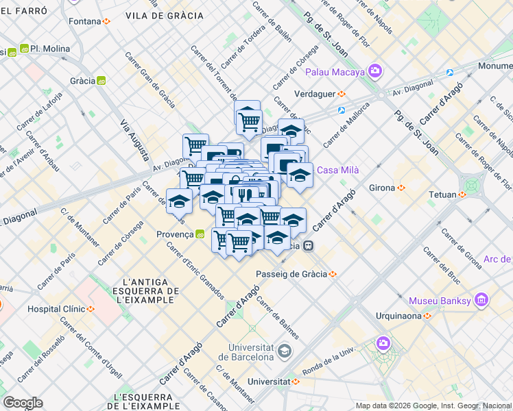 map of restaurants, bars, coffee shops, grocery stores, and more near 77 Passeig de Gràcia in Barcelona