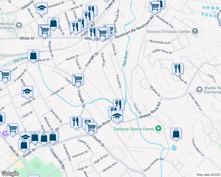 map of restaurants, bars, coffee shops, grocery stores, and more near 50 Purcell Drive in Danbury