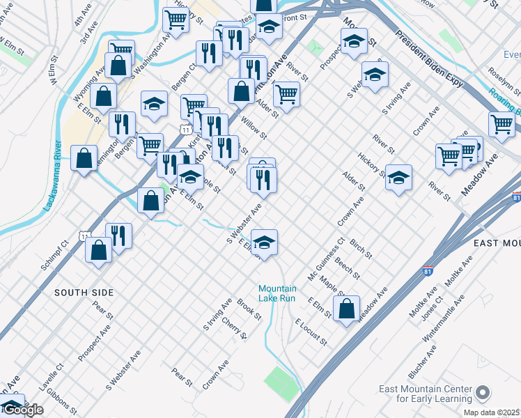 map of restaurants, bars, coffee shops, grocery stores, and more near 913 South Webster Avenue in Scranton