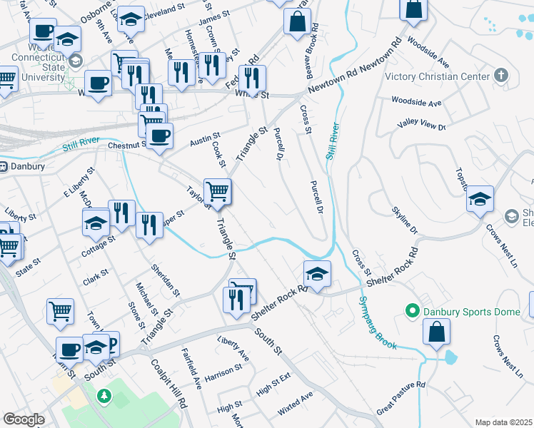 map of restaurants, bars, coffee shops, grocery stores, and more near G20 Shelter Rock Lane in Danbury