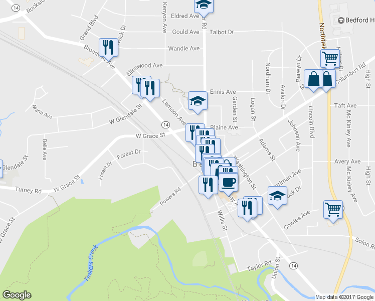 map of restaurants, bars, coffee shops, grocery stores, and more near 580 Broadway Ave in Bedford