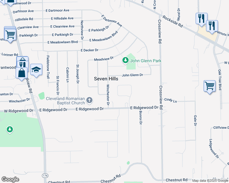 map of restaurants, bars, coffee shops, grocery stores, and more near 6250 Logan Drive in Seven Hills