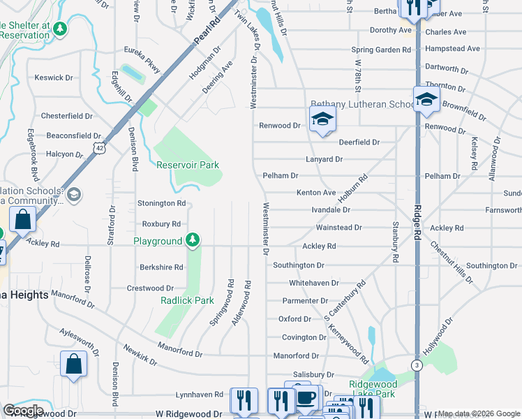 map of restaurants, bars, coffee shops, grocery stores, and more near 6236 Westminster Drive in Parma