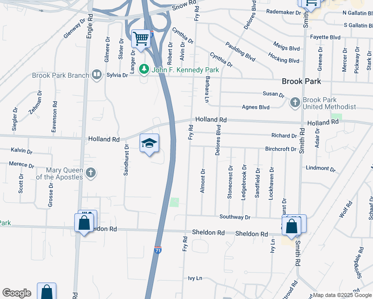 map of restaurants, bars, coffee shops, grocery stores, and more near 6324 Fry Road in Brook Park