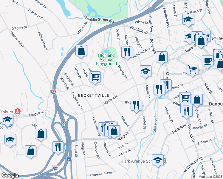map of restaurants, bars, coffee shops, grocery stores, and more near 73 Westville Avenue in Danbury
